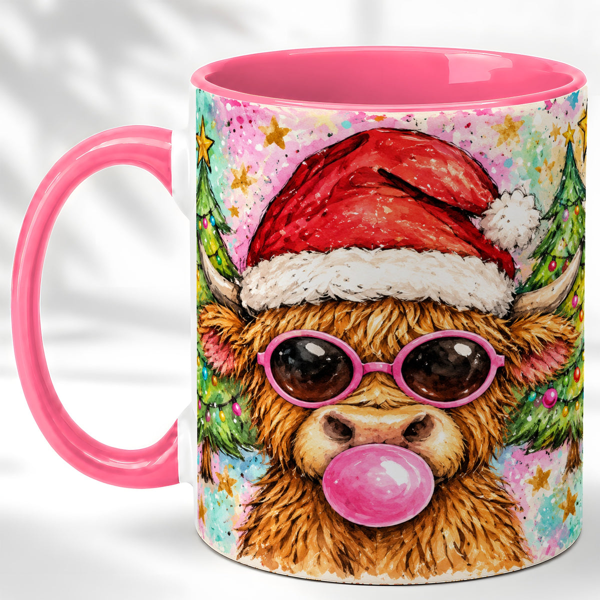 #pl[11oz|Pink] Christmas Highland Cow Coffee Mug, Festive Cow Mug, Ceramic Cup