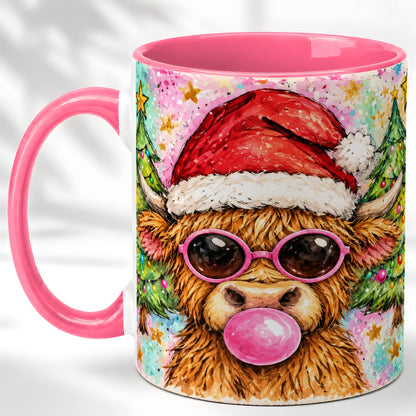 #pl[11oz|Pink] Christmas Highland Cow Coffee Mug, Festive Cow Mug, Ceramic Cup