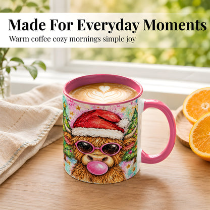#pl[11oz|Pink] Christmas Highland Cow Coffee Mug, Festive Cow Mug, Ceramic Cup