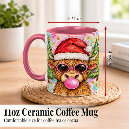 #pl[11oz|Pink] Christmas Highland Cow Coffee Mug, Festive Cow Mug, Ceramic Cup