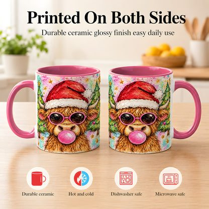 #pl[11oz|Pink] Christmas Highland Cow Coffee Mug, Festive Cow Mug, Ceramic Cup