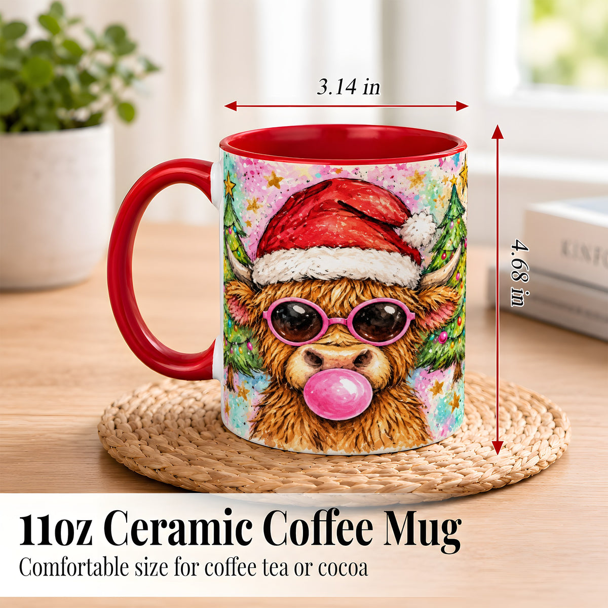 #pl[11oz|Red] Christmas Highland Cow Coffee Mug, Festive Cow Mug, Ceramic Cup