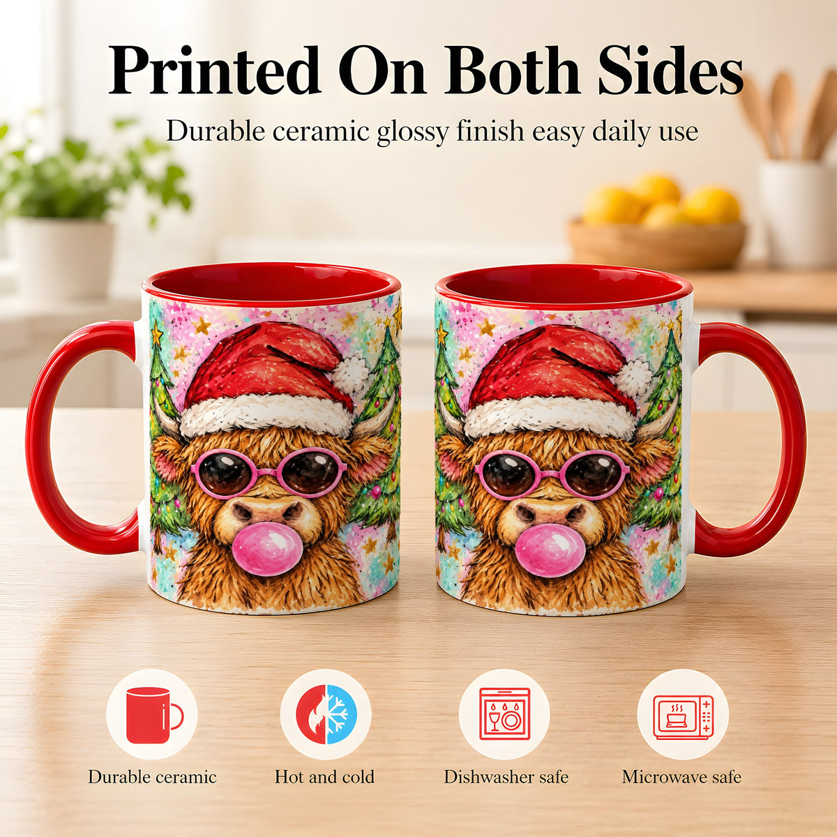 #pl[11oz|Red] Christmas Highland Cow Coffee Mug, Festive Cow Mug, Ceramic Cup