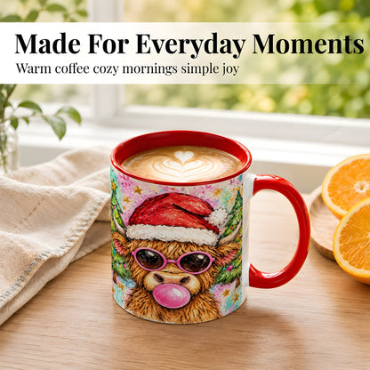 #pl[11oz|Red] Christmas Highland Cow Coffee Mug, Festive Cow Mug, Ceramic Cup