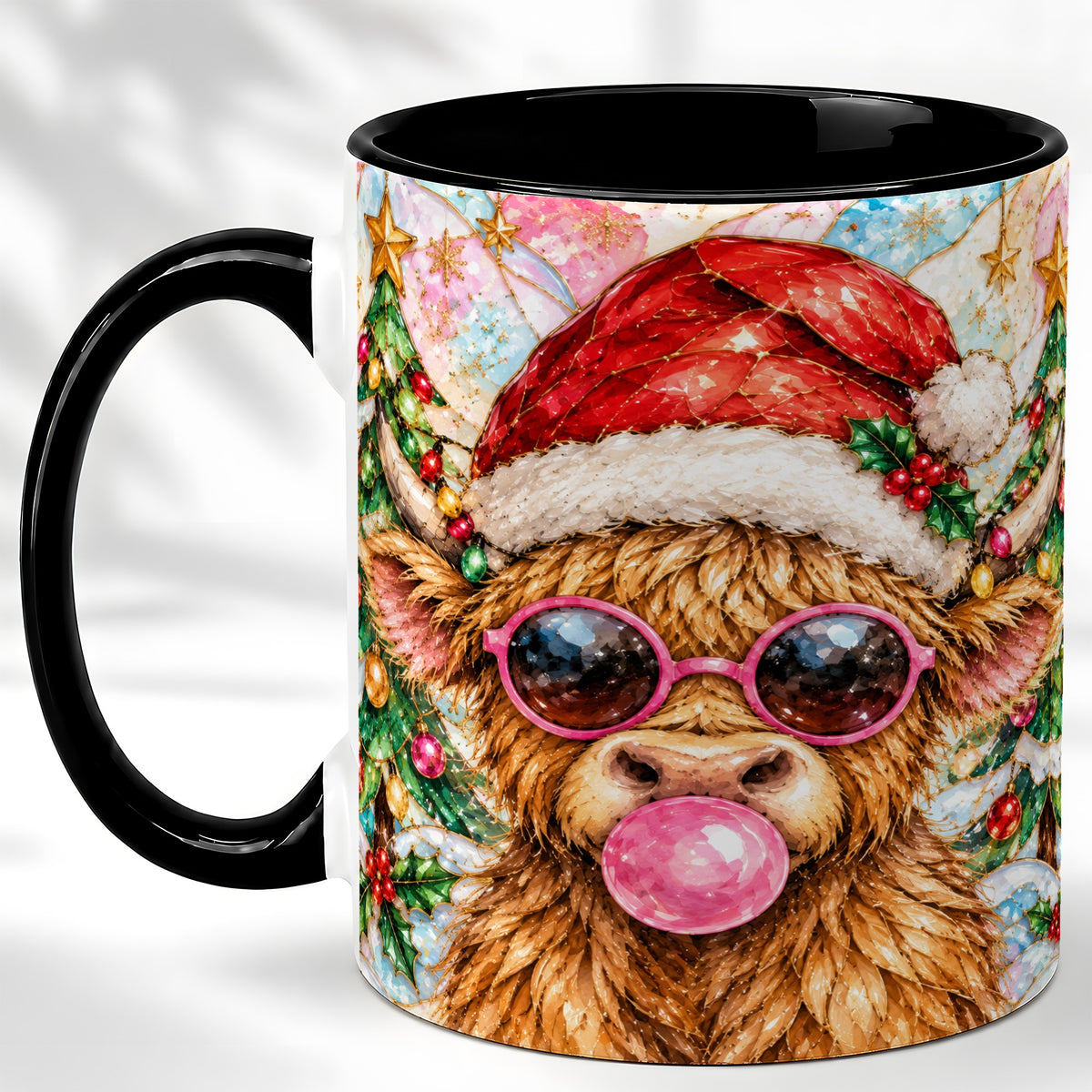 #pl[11oz|Black] Stained Glass Highland Cow Coffee Mug, Christmas Cow Mug, Ceramic Cup