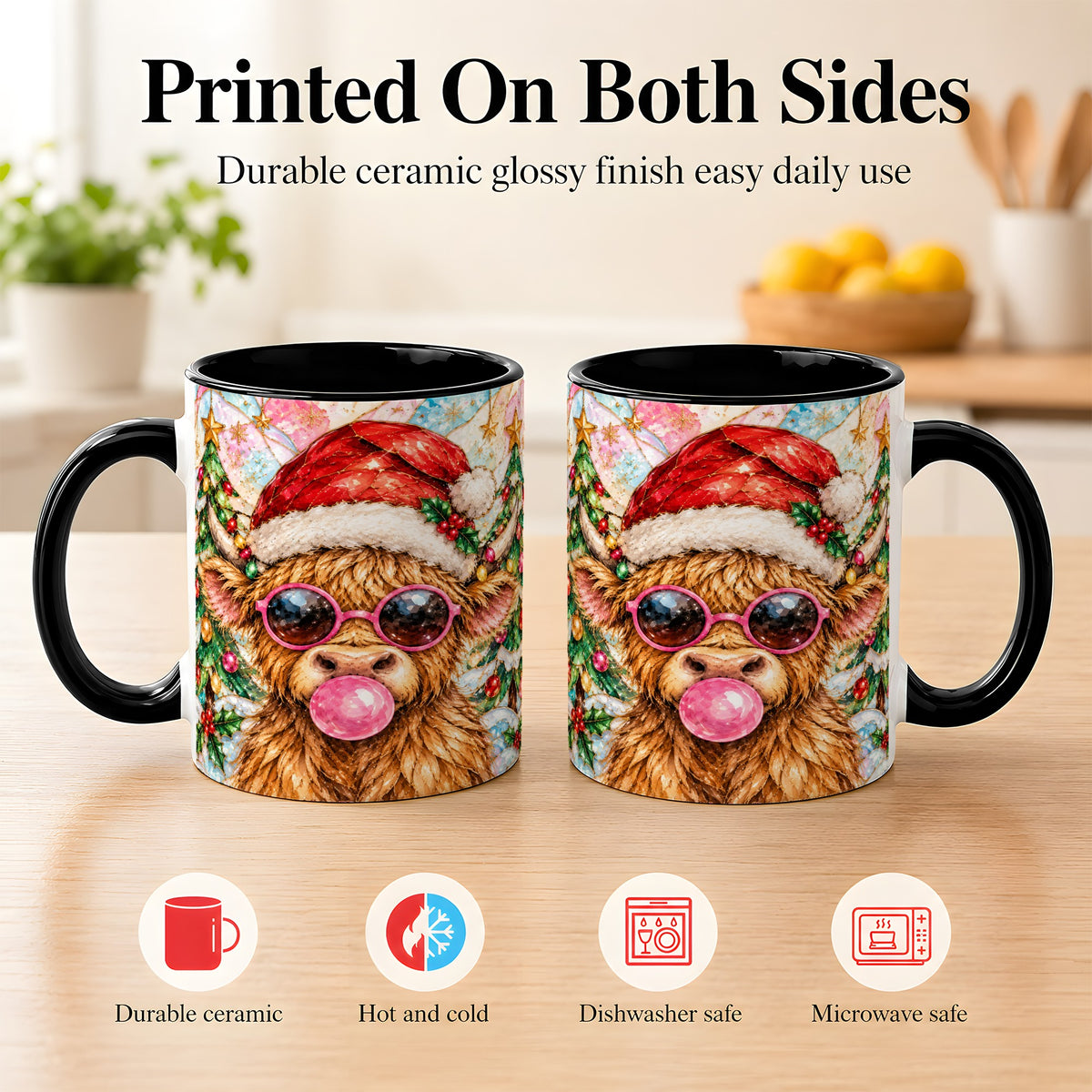 #pl[11oz|Black] Stained Glass Highland Cow Coffee Mug, Christmas Cow Mug, Ceramic Cup