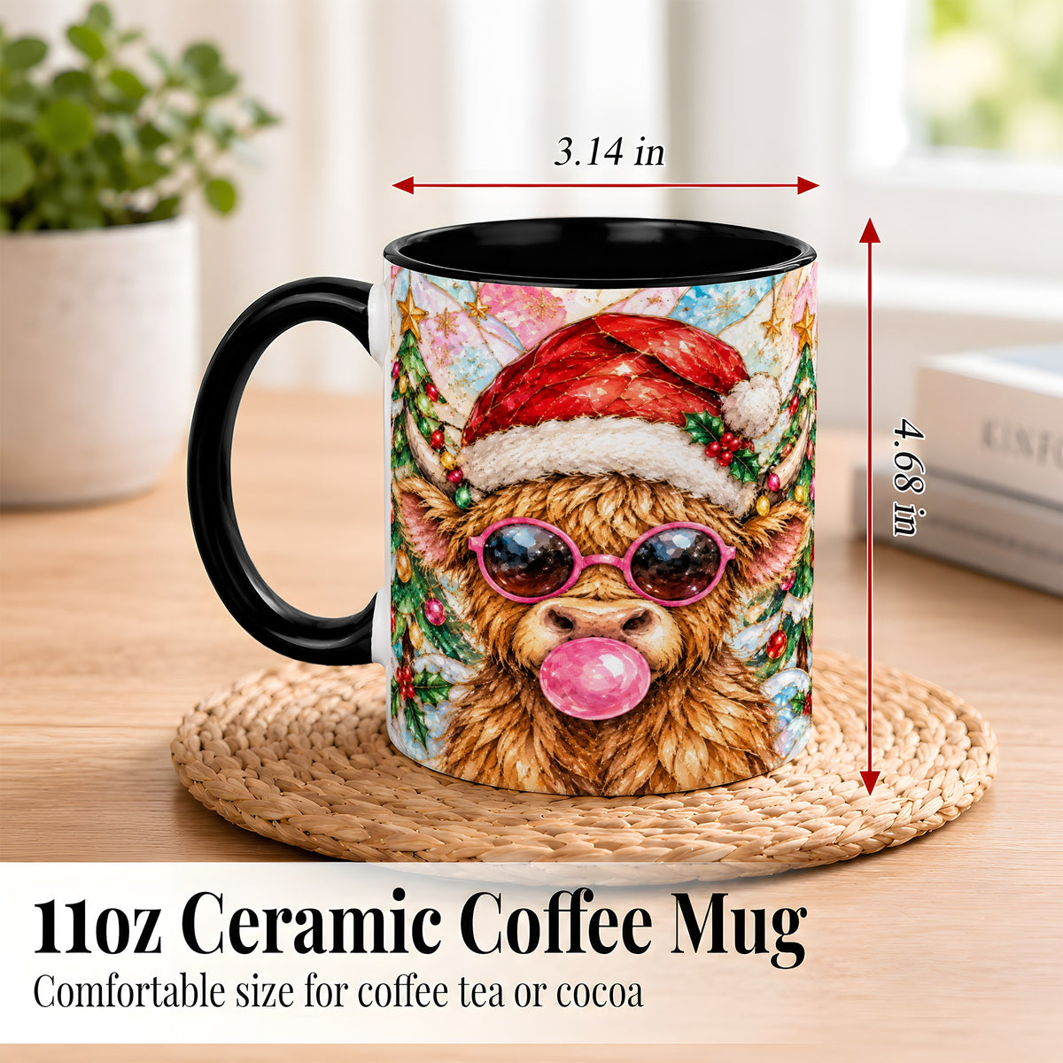 #pl[11oz|Black] Stained Glass Highland Cow Coffee Mug, Christmas Cow Mug, Ceramic Cup