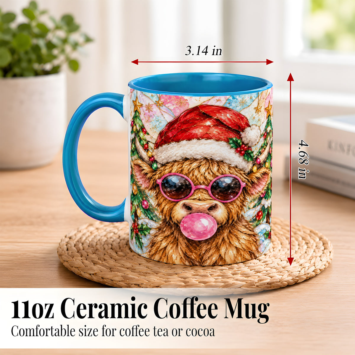 #pl[11oz|Blue] Stained Glass Highland Cow Coffee Mug, Christmas Cow Mug, Ceramic Cup