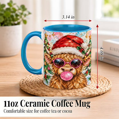 #pl[11oz|Blue] Stained Glass Highland Cow Coffee Mug, Christmas Cow Mug, Ceramic Cup