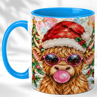#pl[11oz|Blue] Stained Glass Highland Cow Coffee Mug, Christmas Cow Mug, Ceramic Cup