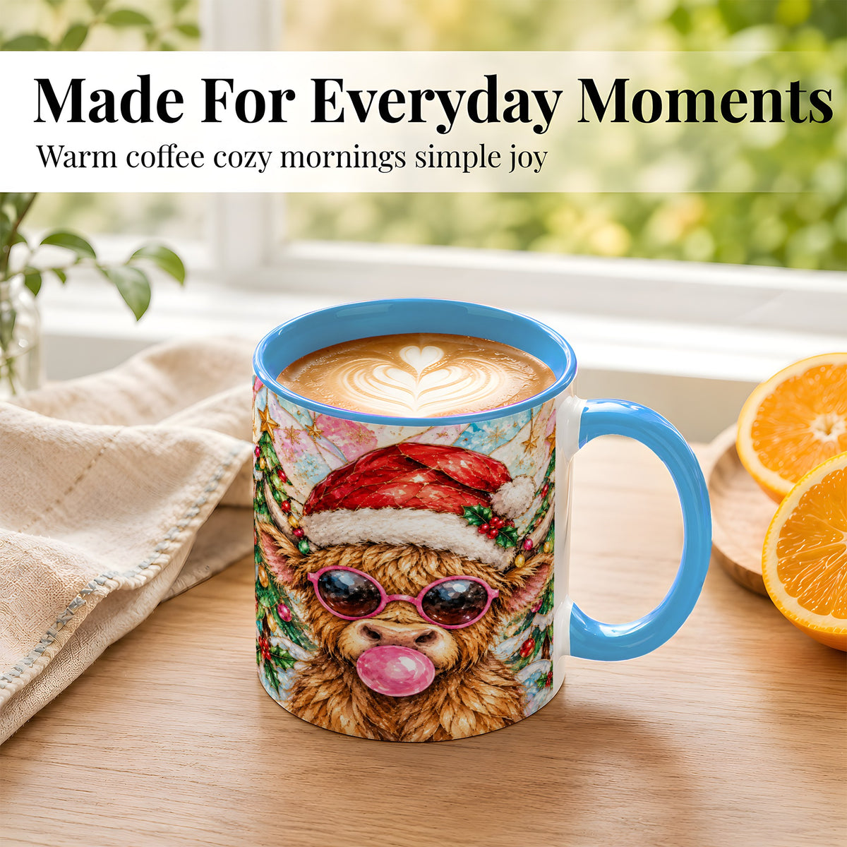 #pl[11oz|Blue] Stained Glass Highland Cow Coffee Mug, Christmas Cow Mug, Ceramic Cup