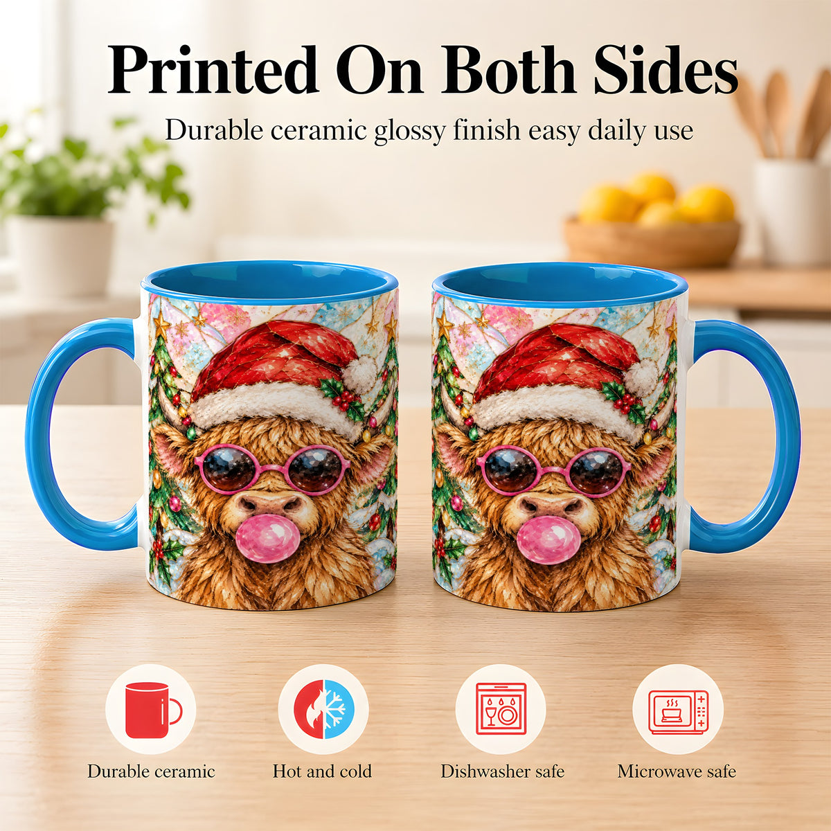 #pl[11oz|Blue] Stained Glass Highland Cow Coffee Mug, Christmas Cow Mug, Ceramic Cup