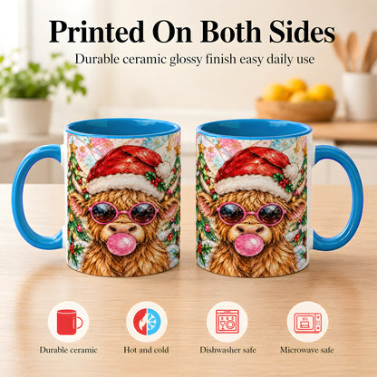 #pl[11oz|Blue] Stained Glass Highland Cow Coffee Mug, Christmas Cow Mug, Ceramic Cup