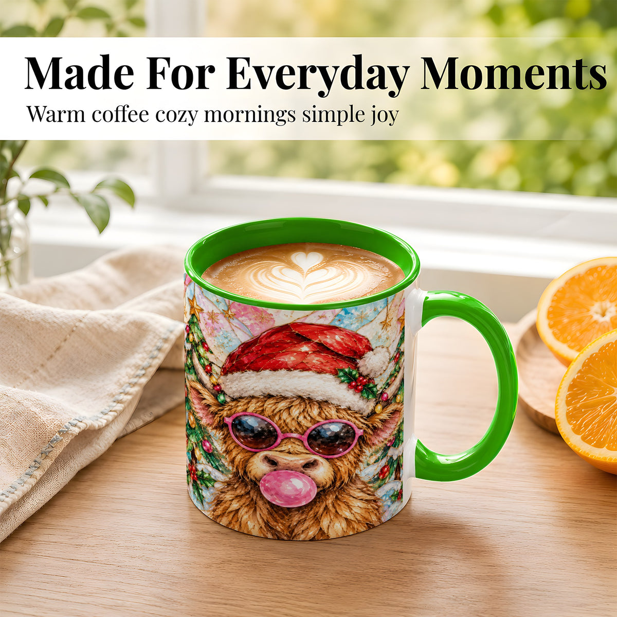 #pl[11oz|Green] Stained Glass Highland Cow Coffee Mug, Christmas Cow Mug, Ceramic Cup