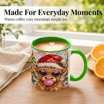 #pl[11oz|Green] Stained Glass Highland Cow Coffee Mug, Christmas Cow Mug, Ceramic Cup