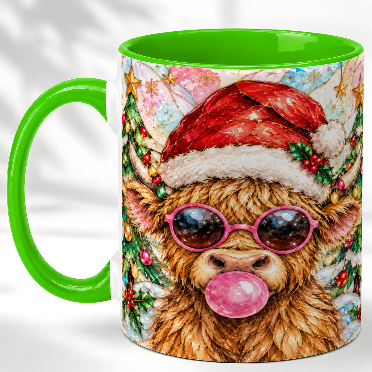 #pl[11oz|Green] Stained Glass Highland Cow Coffee Mug, Christmas Cow Mug, Ceramic Cup