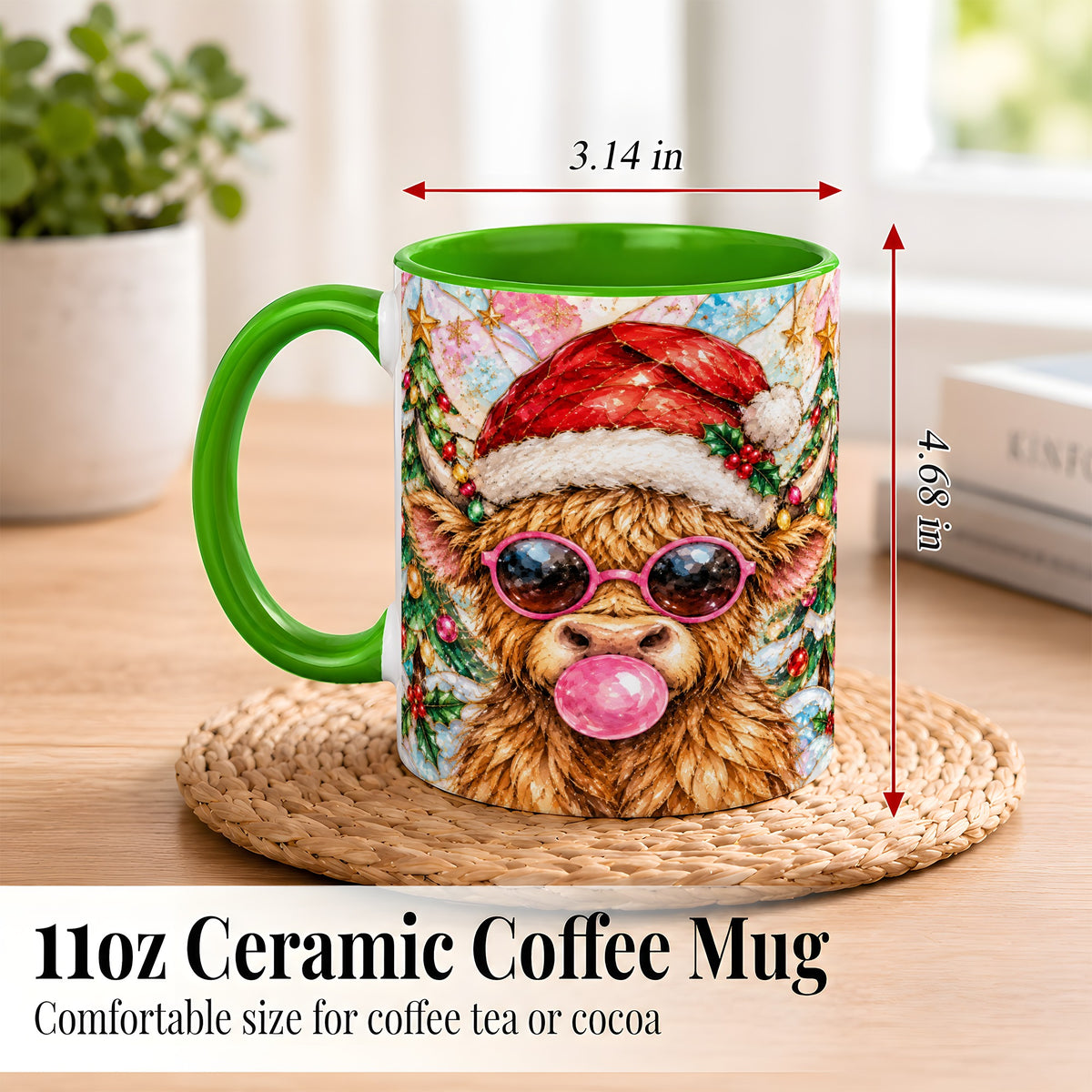 #pl[11oz|Green] Stained Glass Highland Cow Coffee Mug, Christmas Cow Mug, Ceramic Cup