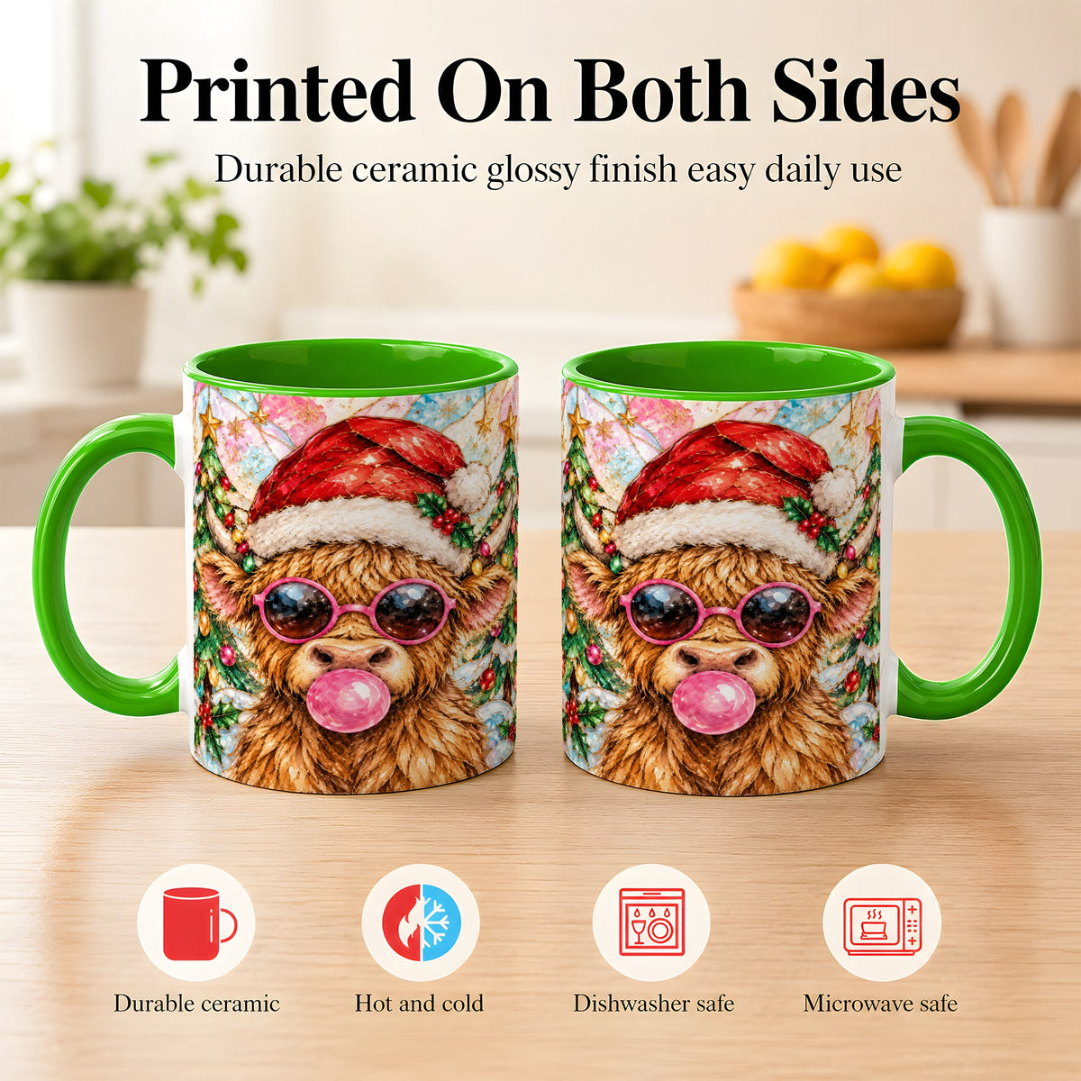 #pl[11oz|Green] Stained Glass Highland Cow Coffee Mug, Christmas Cow Mug, Ceramic Cup
