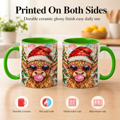 #pl[11oz|Green] Stained Glass Highland Cow Coffee Mug, Christmas Cow Mug, Ceramic Cup
