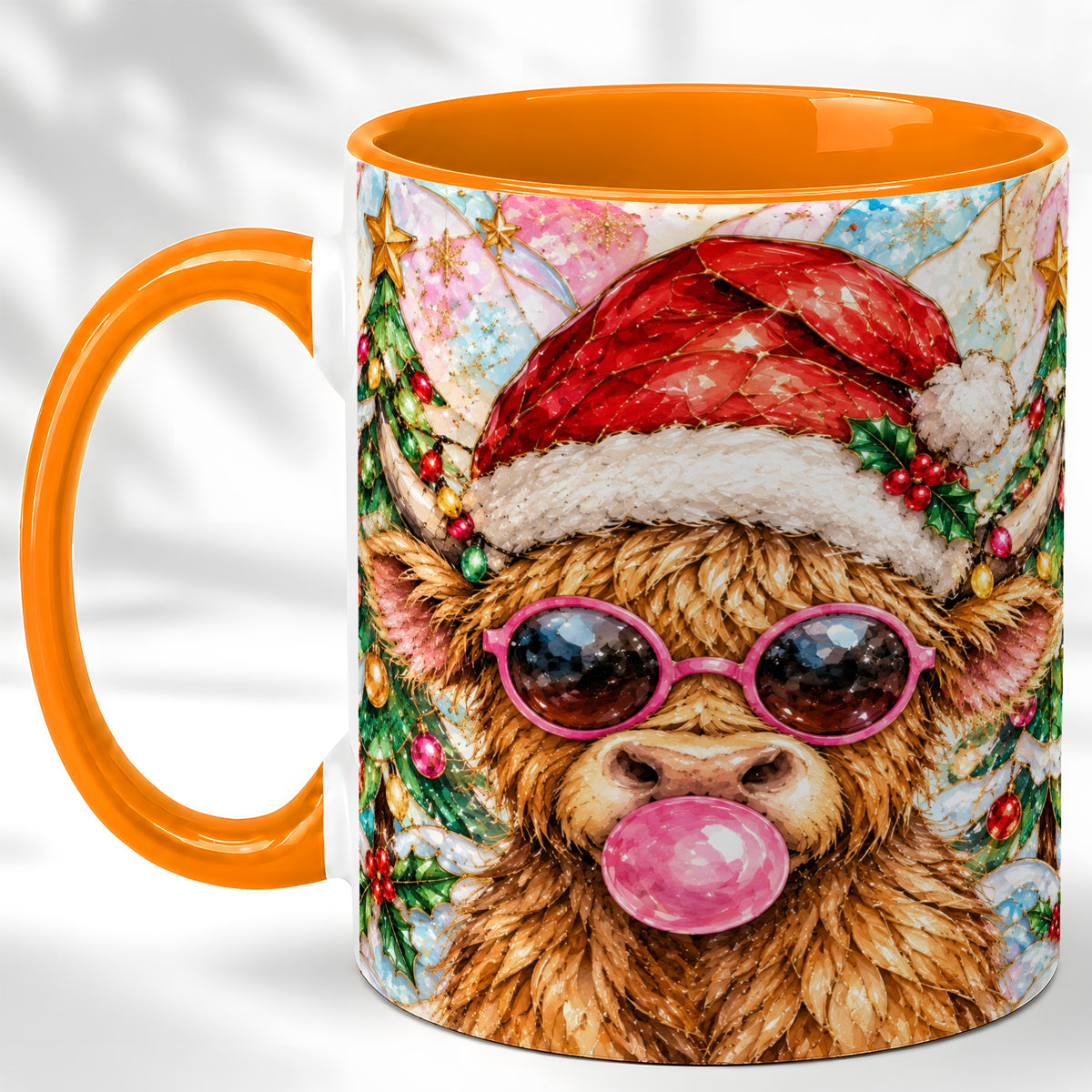 #pl[11oz|Orange] Stained Glass Highland Cow Coffee Mug, Christmas Cow Mug, Ceramic Cup