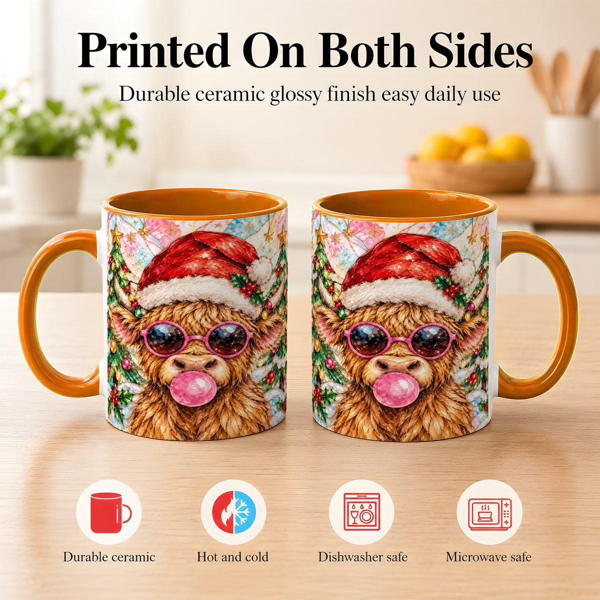 #pl[11oz|Orange] Stained Glass Highland Cow Coffee Mug, Christmas Cow Mug, Ceramic Cup
