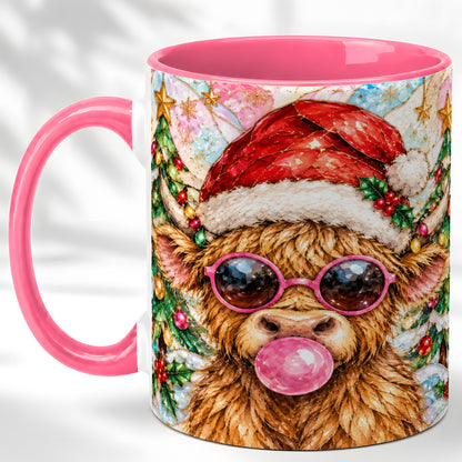 #pl[11oz|Pink] Stained Glass Highland Cow Coffee Mug, Christmas Cow Mug, Ceramic Cup