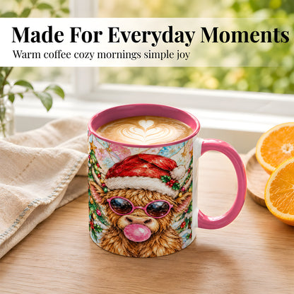 #pl[11oz|Pink] Stained Glass Highland Cow Coffee Mug, Christmas Cow Mug, Ceramic Cup