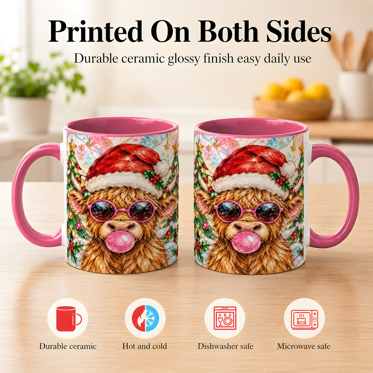 #pl[11oz|Pink] Stained Glass Highland Cow Coffee Mug, Christmas Cow Mug, Ceramic Cup