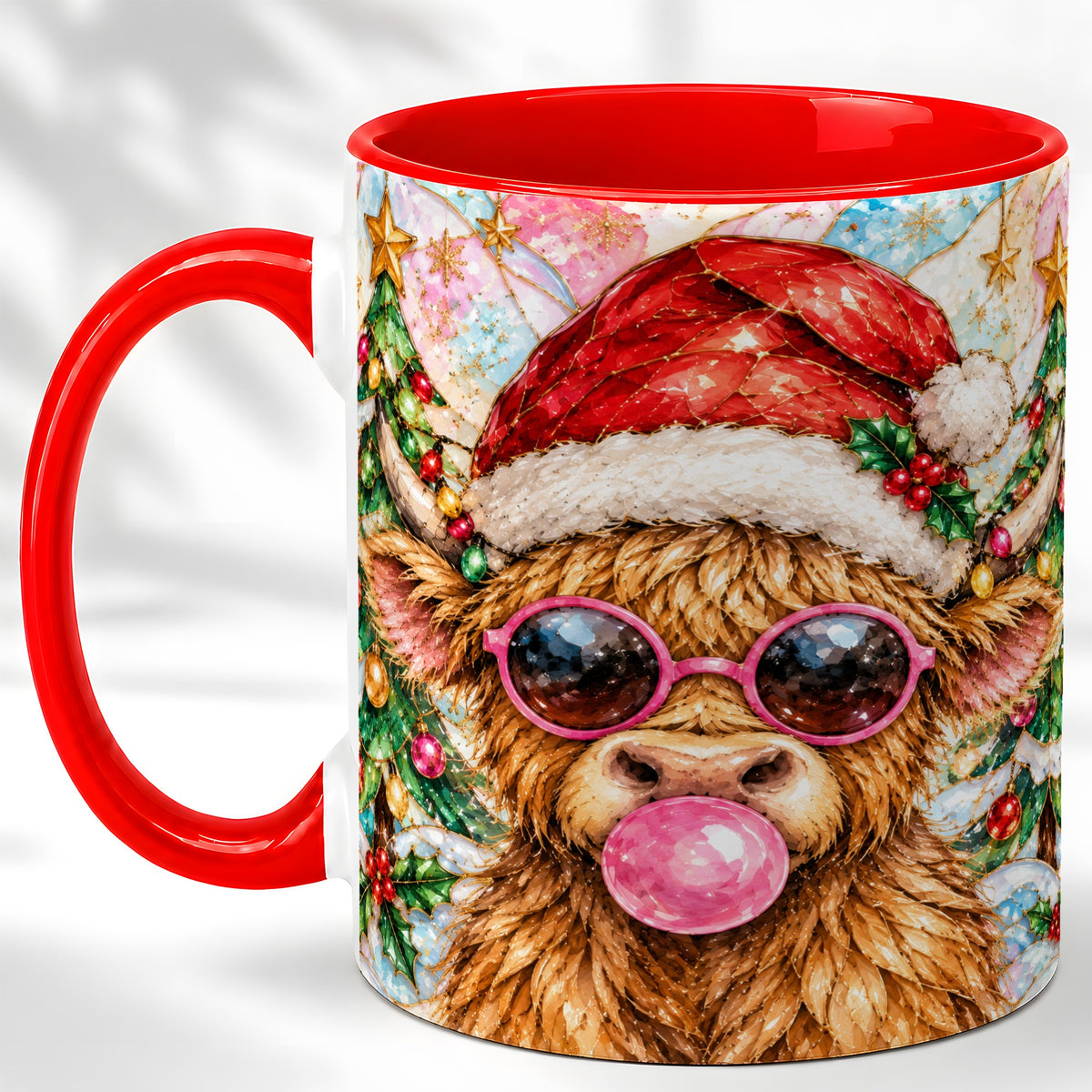 #pl[11oz|Red] Stained Glass Highland Cow Coffee Mug, Christmas Cow Mug, Ceramic Cup