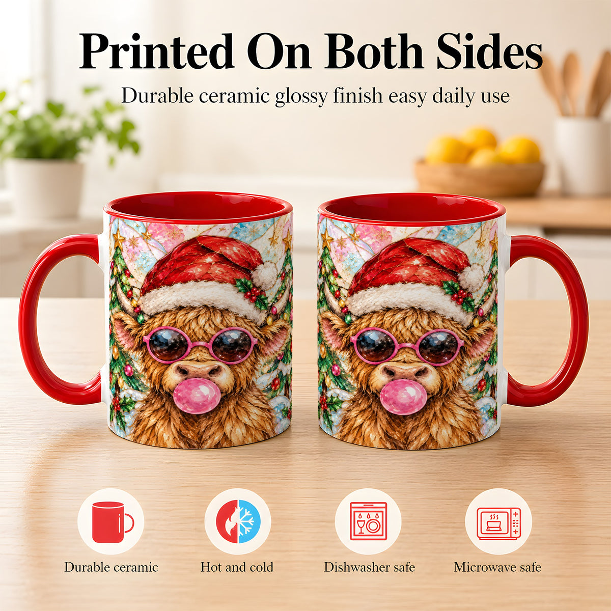 #pl[11oz|Red] Stained Glass Highland Cow Coffee Mug, Christmas Cow Mug, Ceramic Cup