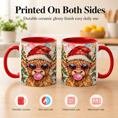 #pl[11oz|Red] Stained Glass Highland Cow Coffee Mug, Christmas Cow Mug, Ceramic Cup