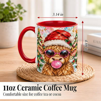 #pl[11oz|Red] Stained Glass Highland Cow Coffee Mug, Christmas Cow Mug, Ceramic Cup