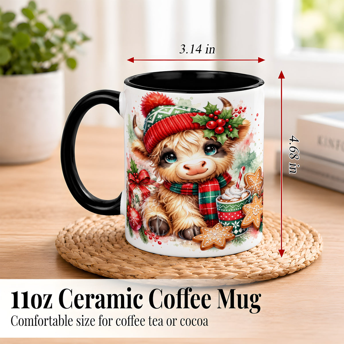 #pl[11oz|Black] Cute Christmas Cow Coffee Mug, Cozy Highland Cow Mug, Ceramic Cup