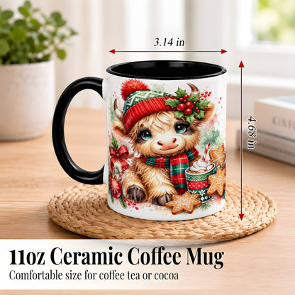 #pl[11oz|Black] Cute Christmas Cow Coffee Mug, Cozy Highland Cow Mug, Ceramic Cup
