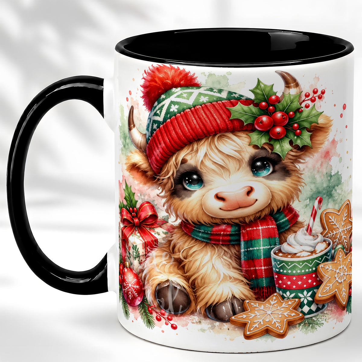 #pl[11oz|Black] Cute Christmas Cow Coffee Mug, Cozy Highland Cow Mug, Ceramic Cup