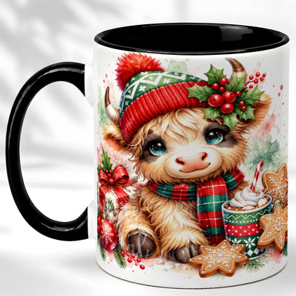 #pl[11oz|Black] Cute Christmas Cow Coffee Mug, Cozy Highland Cow Mug, Ceramic Cup