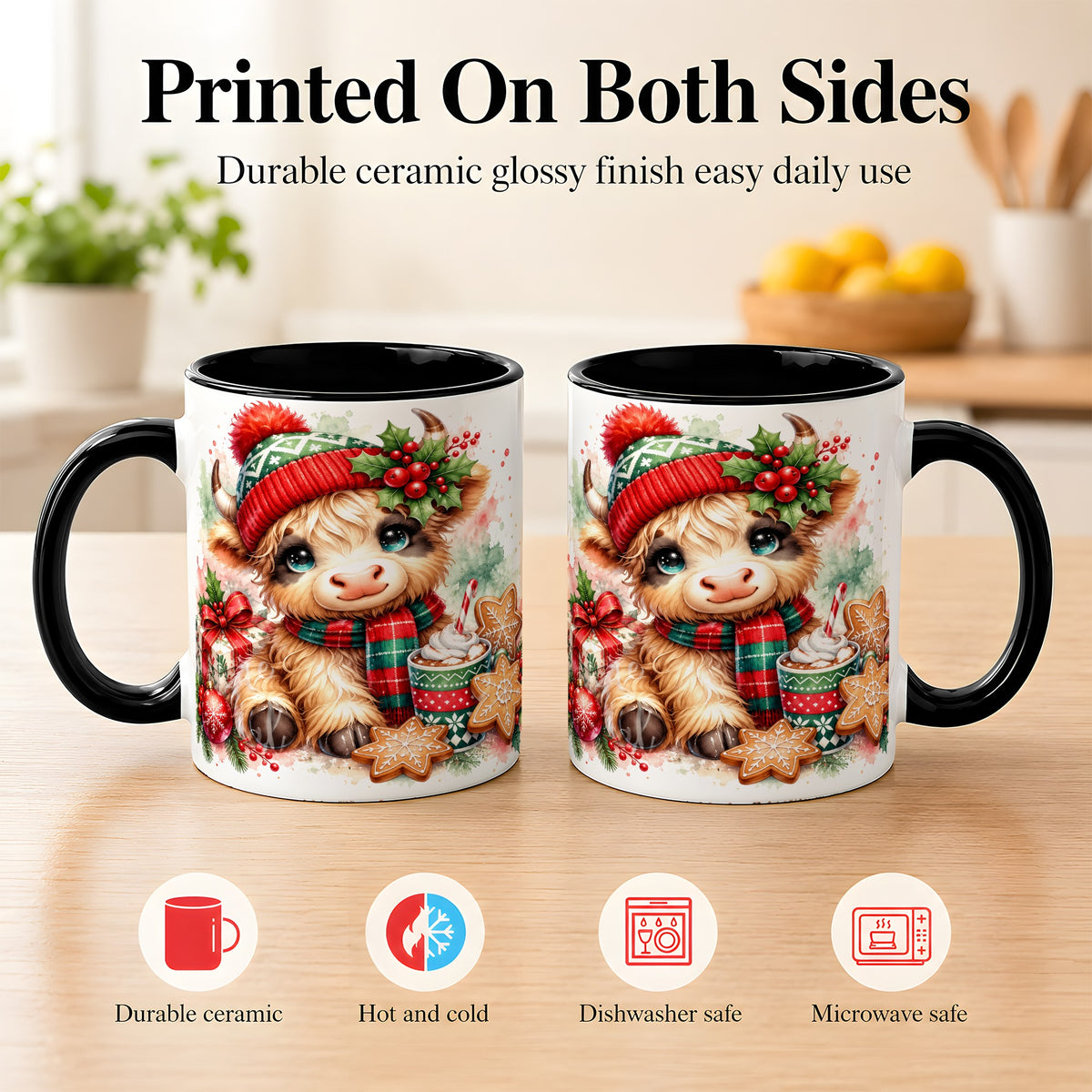 #pl[11oz|Black] Cute Christmas Cow Coffee Mug, Cozy Highland Cow Mug, Ceramic Cup