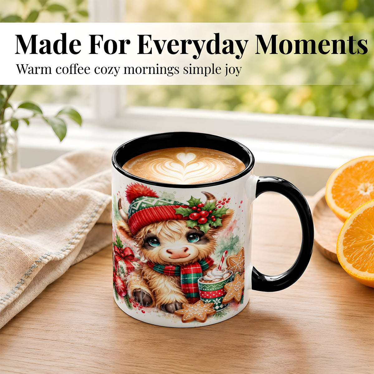 #pl[11oz|Black] Cute Christmas Cow Coffee Mug, Cozy Highland Cow Mug, Ceramic Cup