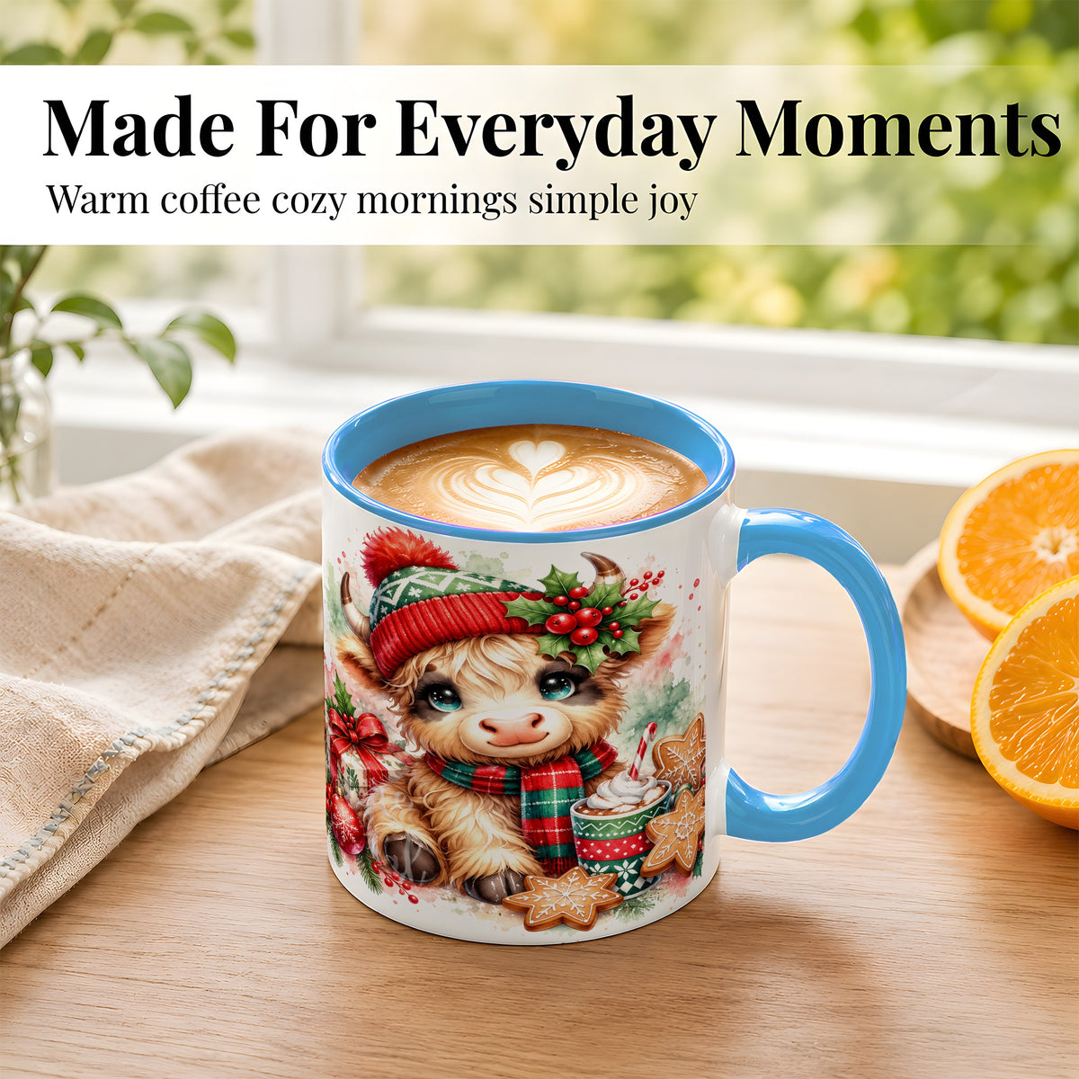 #pl[11oz|Blue] Cute Christmas Cow Coffee Mug, Cozy Highland Cow Mug, Ceramic Cup