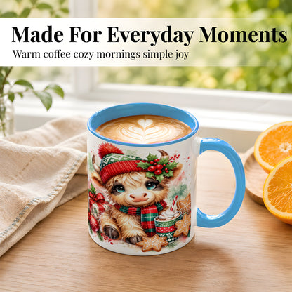 #pl[11oz|Blue] Cute Christmas Cow Coffee Mug, Cozy Highland Cow Mug, Ceramic Cup