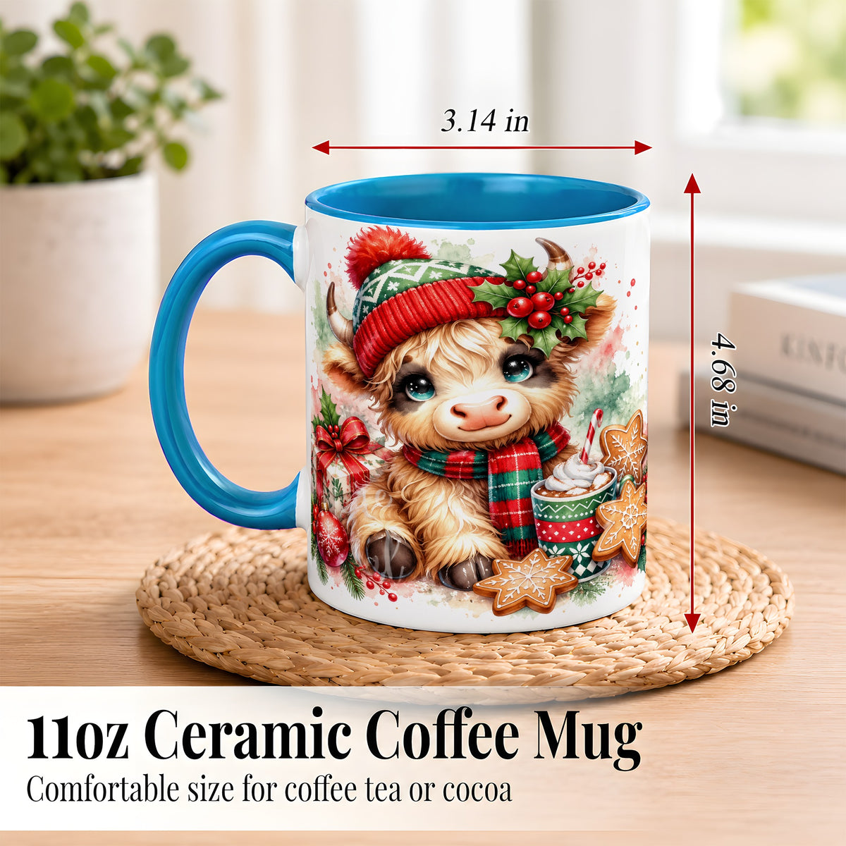 #pl[11oz|Blue] Cute Christmas Cow Coffee Mug, Cozy Highland Cow Mug, Ceramic Cup
