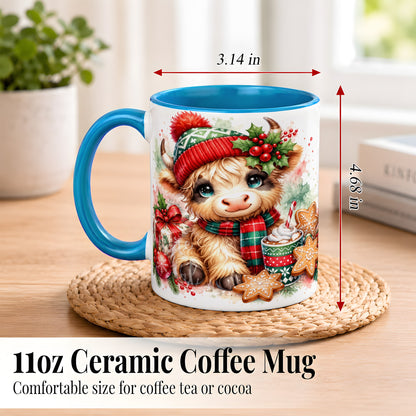 #pl[11oz|Blue] Cute Christmas Cow Coffee Mug, Cozy Highland Cow Mug, Ceramic Cup