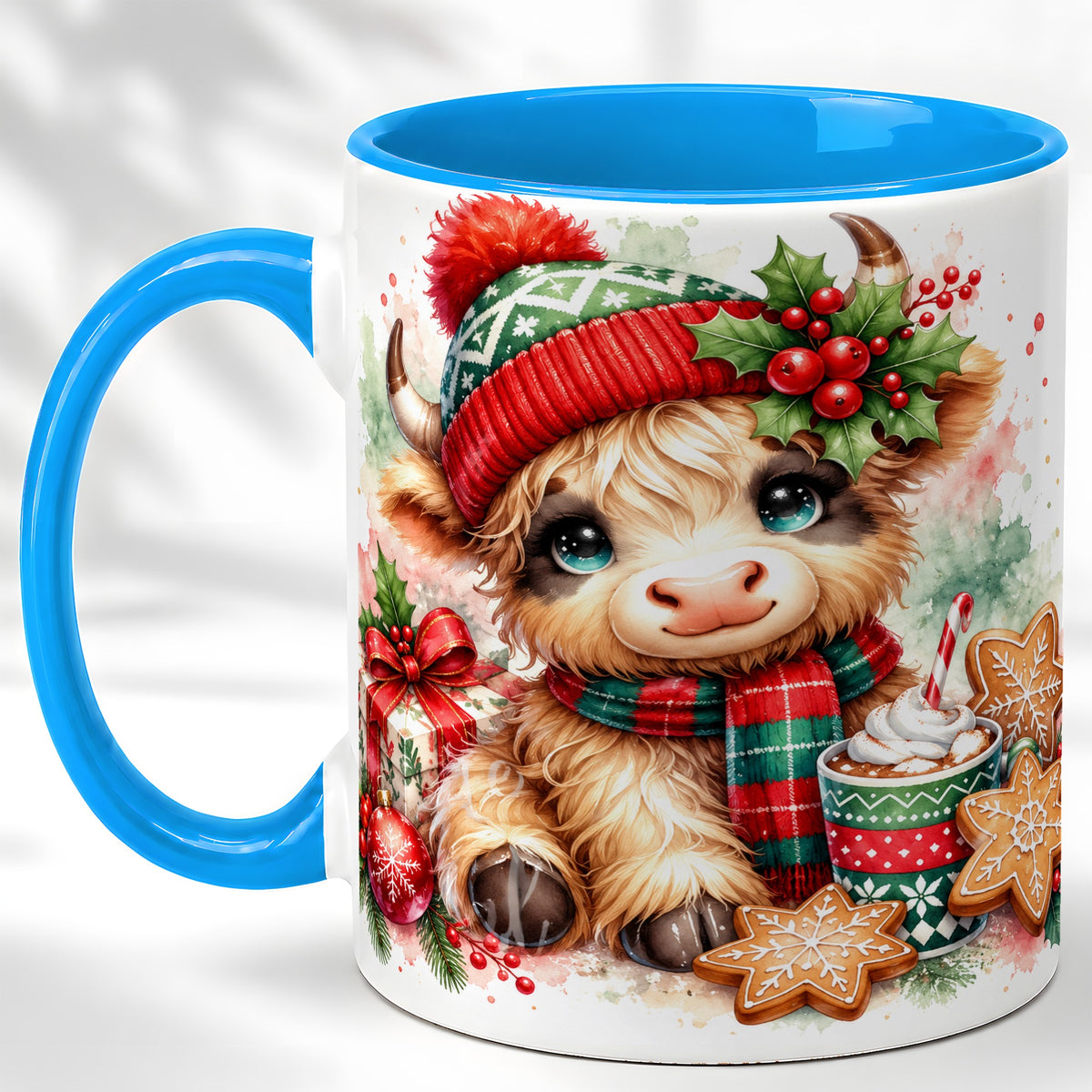 #pl[11oz|Blue] Cute Christmas Cow Coffee Mug, Cozy Highland Cow Mug, Ceramic Cup