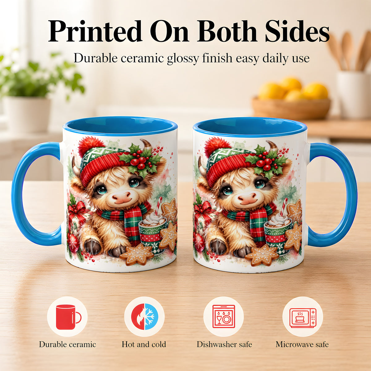 #pl[11oz|Blue] Cute Christmas Cow Coffee Mug, Cozy Highland Cow Mug, Ceramic Cup