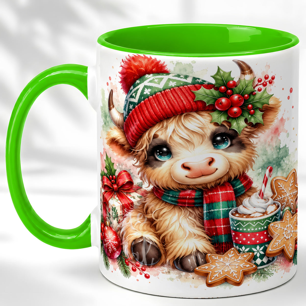 #pl[11oz|Green] Cute Christmas Cow Coffee Mug, Cozy Highland Cow Mug, Ceramic Cup