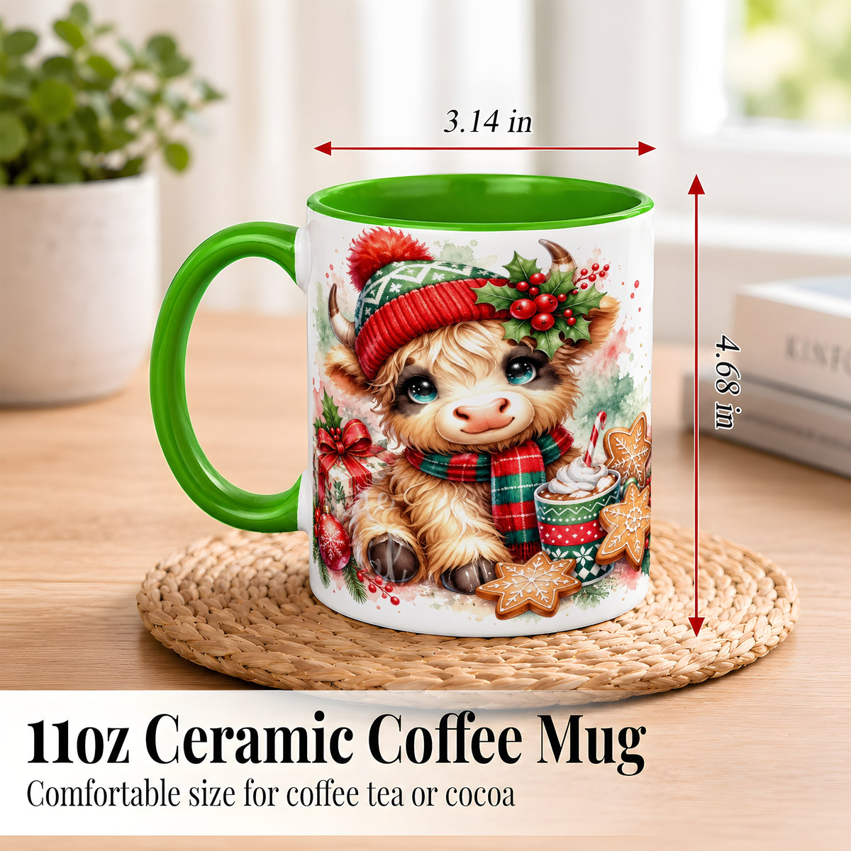 #pl[11oz|Green] Cute Christmas Cow Coffee Mug, Cozy Highland Cow Mug, Ceramic Cup