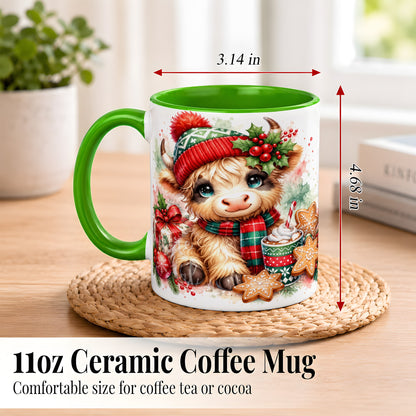 #pl[11oz|Green] Cute Christmas Cow Coffee Mug, Cozy Highland Cow Mug, Ceramic Cup
