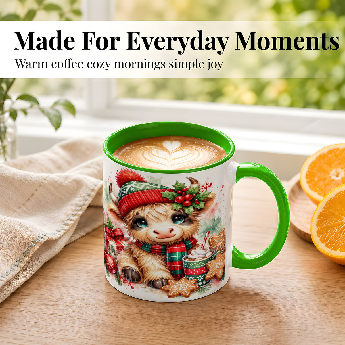 #pl[11oz|Green] Cute Christmas Cow Coffee Mug, Cozy Highland Cow Mug, Ceramic Cup