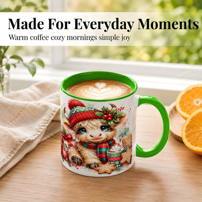 #pl[11oz|Green] Cute Christmas Cow Coffee Mug, Cozy Highland Cow Mug, Ceramic Cup