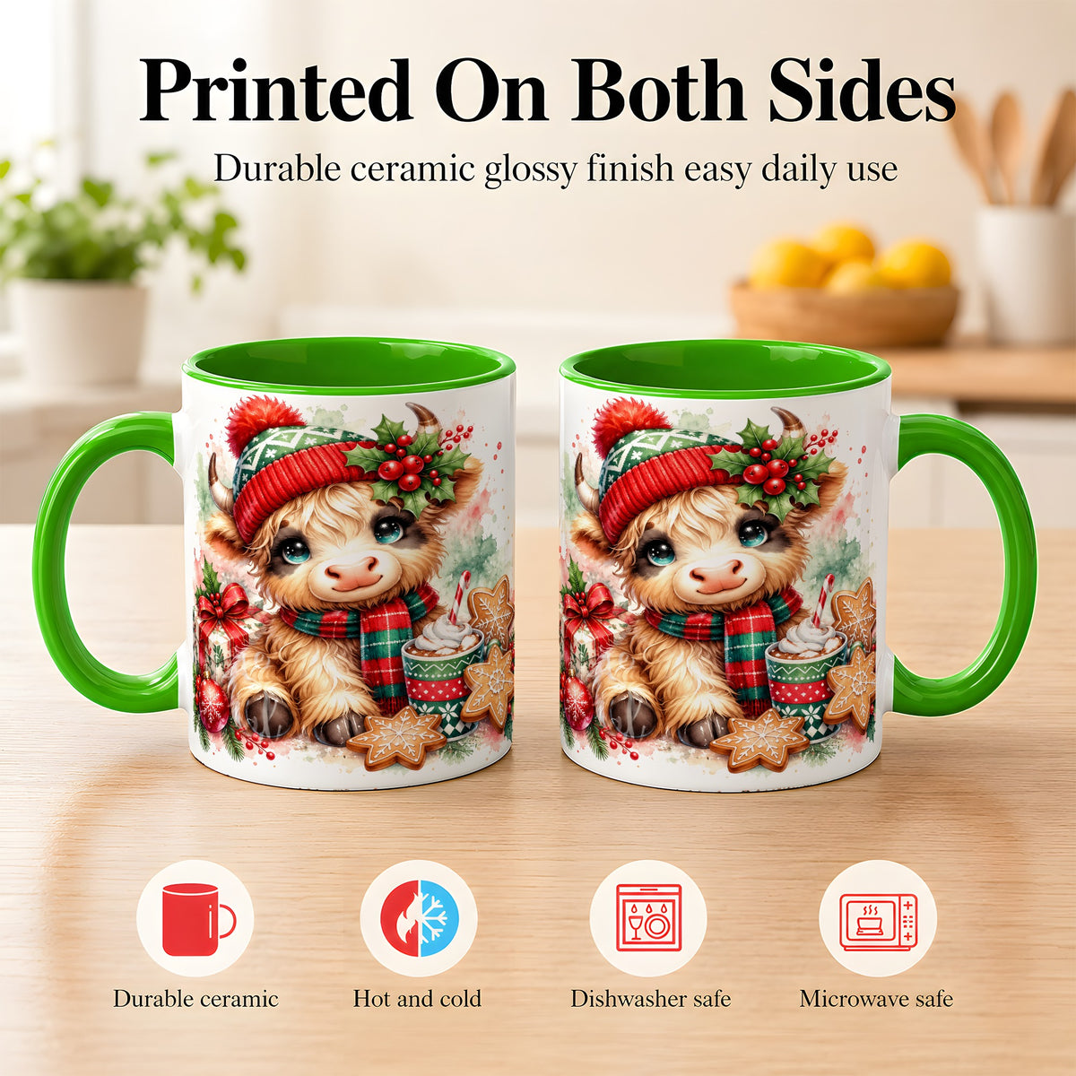 #pl[11oz|Green] Cute Christmas Cow Coffee Mug, Cozy Highland Cow Mug, Ceramic Cup
